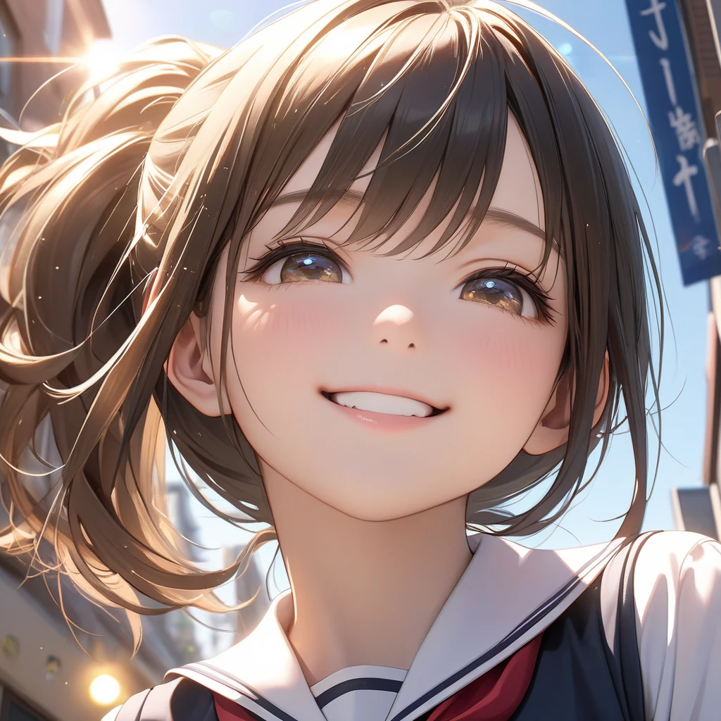 Highest quality, Great quality, 16K, Unbelievably absurd, Very detailed, delicate and dynamic, Natural light, The particles reflect light, Diffuse reflection of light, Many rainbow-colored petals fall, Sparkling Sun, Diffuse reflection of light, Create amazing image effects, anime style:0.9, photorealistic, Bright colors, Depth of the bounds written, blurred background, alone, 1 girl, ( long hair, asymmetrical bangs, dark brown eyes), beautiful face details, beautiful eyes, long eyelashes, soft lips, (small face), smile, open your legs, squat, spread legs, upper glance, from above