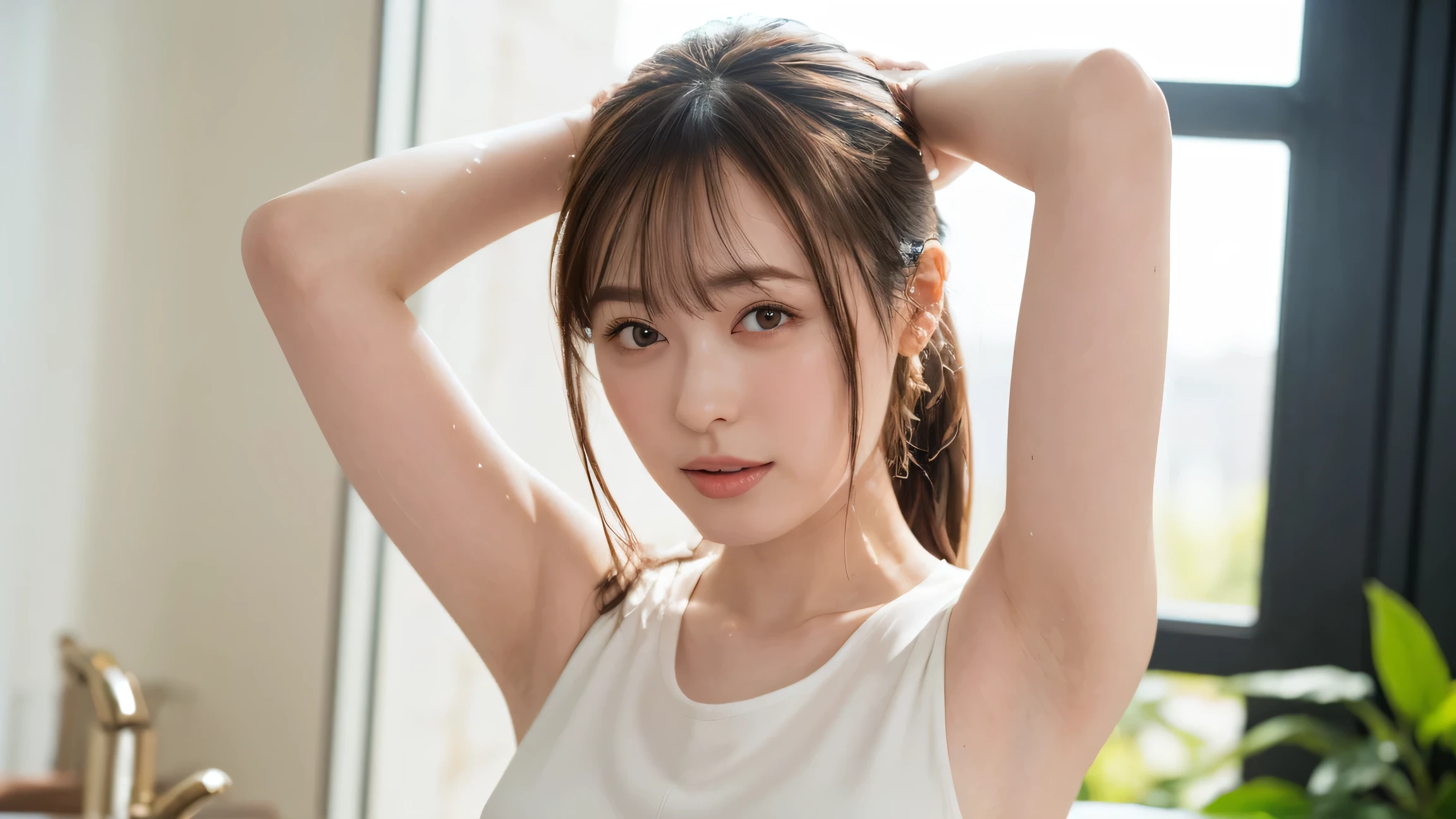 (best image quality, 4K, high quality, masterpiece:1.2), ((masterpiece)), attention to detail , high quality, (high resolution,16k, born々Portrait of a Beautiful Girl, best image quality, masterpiece:1.2), ( super high definition illustration), office, sleeveless tight sexy business shirt, very beautiful, (Age 30:1.4), armpits with water,((raise your arms behind your head)),Sweaty arms, face, armpits with water,