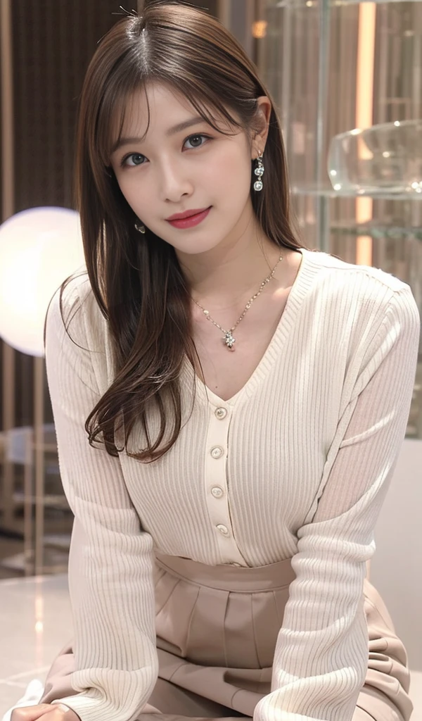 (Transcendent beauty　Violet skirt　high-angle　Violet Blouse　Thin masterpiece、top-quality、Ultra-precise expression　full body seen　masutepiece、(细致背景),Open your legs wide　sit on luxurious sofa　　a miniskirt　hair is long and brown　Luxury hotel chandelier、Slim body line、legs are long、Check miniskirt　二重まぶた　Transcendent beauty　Smiling　Subtle upward vision