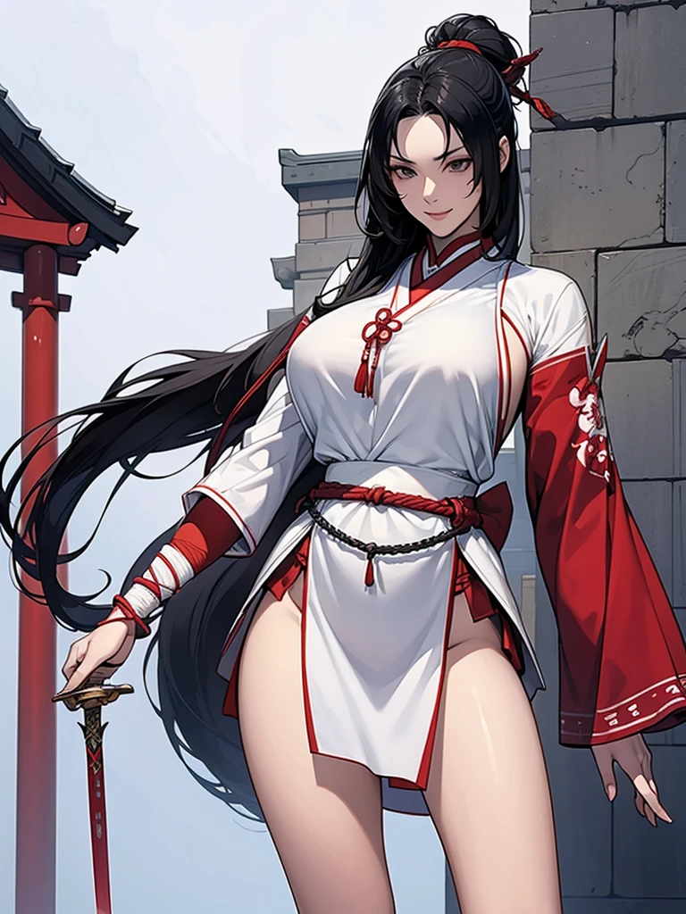 NSFW, obra-prima, melhor qualidade, ultra-detalhado, semi-realista, detailedfacialfeatures, 2 mulhere maduross,usando roupa toda negra antiga wuxia,cabelos compridos brancos,olhos escuros,Martial Sect Elder Battalion Style Women's Clothing, seios grandes,olhar arrogante mulher madura sensual,bonita,standing in a provocative position holding a sharp-bladed long sword.