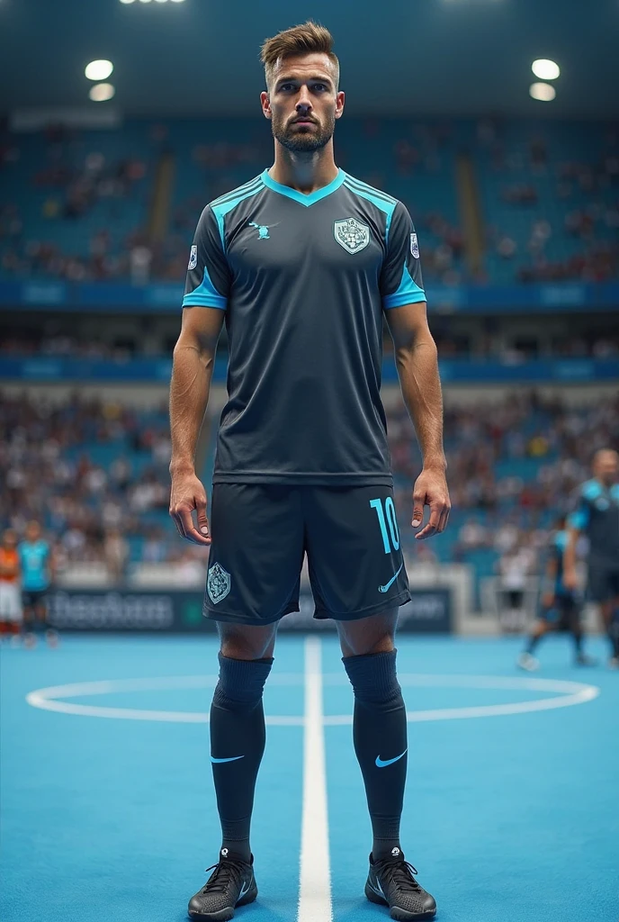 Design me a soccer uniform with white and blue colors