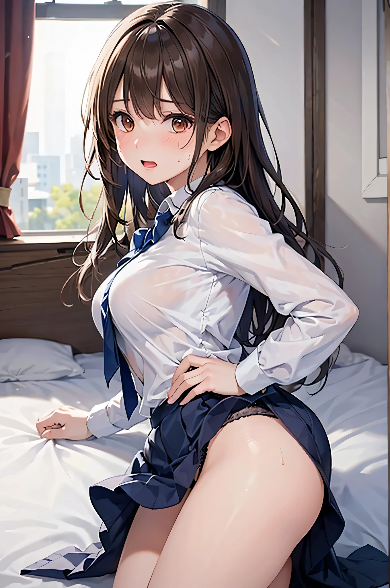 (masterpiece), mature school girl, sexy, posterior, floral lace undies, natural light, photorealistic, cameltoe, diffused light, depth of field, white skirt, steam, (lift skirt), (urination), lifelike , peeing