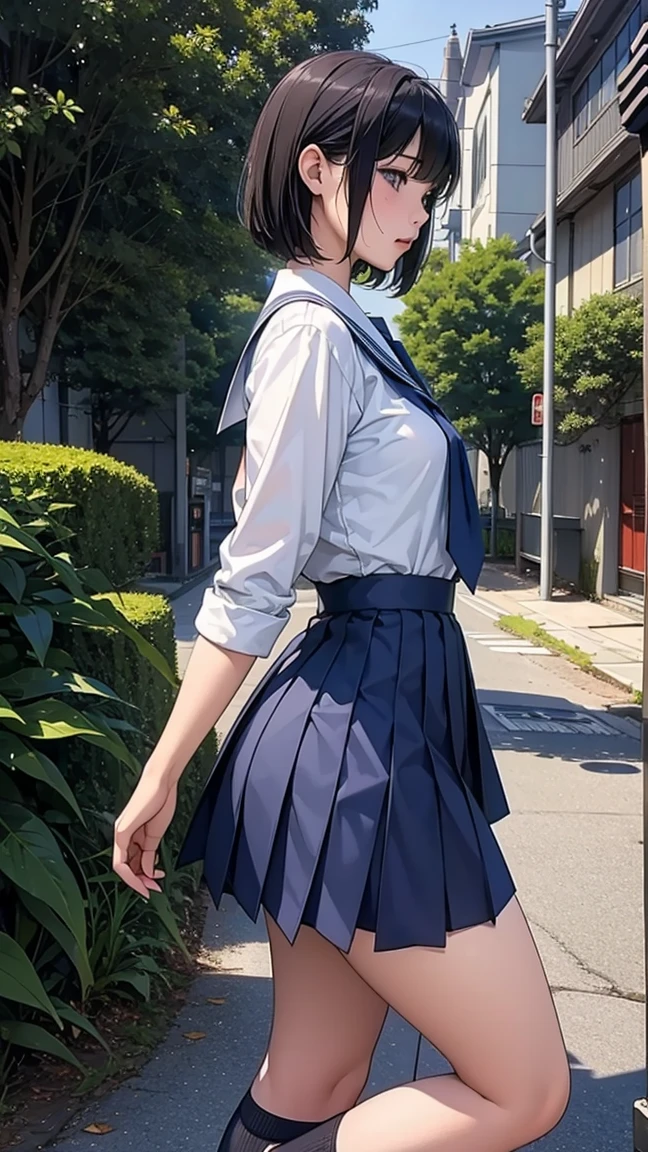 woman, 20-year-old, Short black wavy hair、bangs、plump nipples、(Student Sailor Suit)、(Navy blue pleated student mini skirt), Cute Smile、((Poses that accentuate the buttocks、looked back))、Sexy Hips、((((The wind blew her skirt away, Panties exposed...))))、(Light blue lace panties)、(Please tilt your head a little)