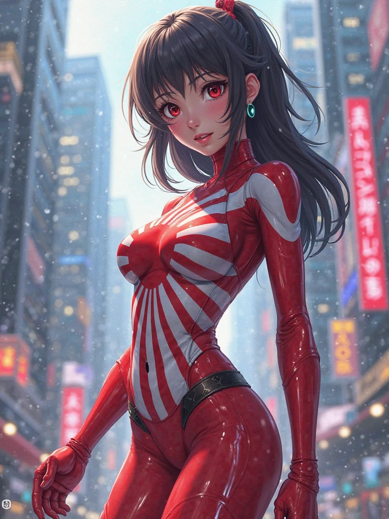 masterpiece, best quality, 1girl, medium breasts, (leotard, red leotard with white accents, sleeveless, midriff), bare legs, boots, matching boots, bracelets, city backdrop, solo, single, standing, heroic, (full body shot, cowboy shot), beautiful detailed eyes, medium hair, superhero, (glow, powering up, light particles)