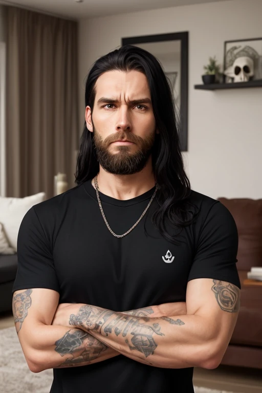 Handsome white muscular body slender man,  he is 40 years old, he has gray eyes, unshaved stubble, goth long black hair, gray eyes, black shirt and black jeans,  deep eyes