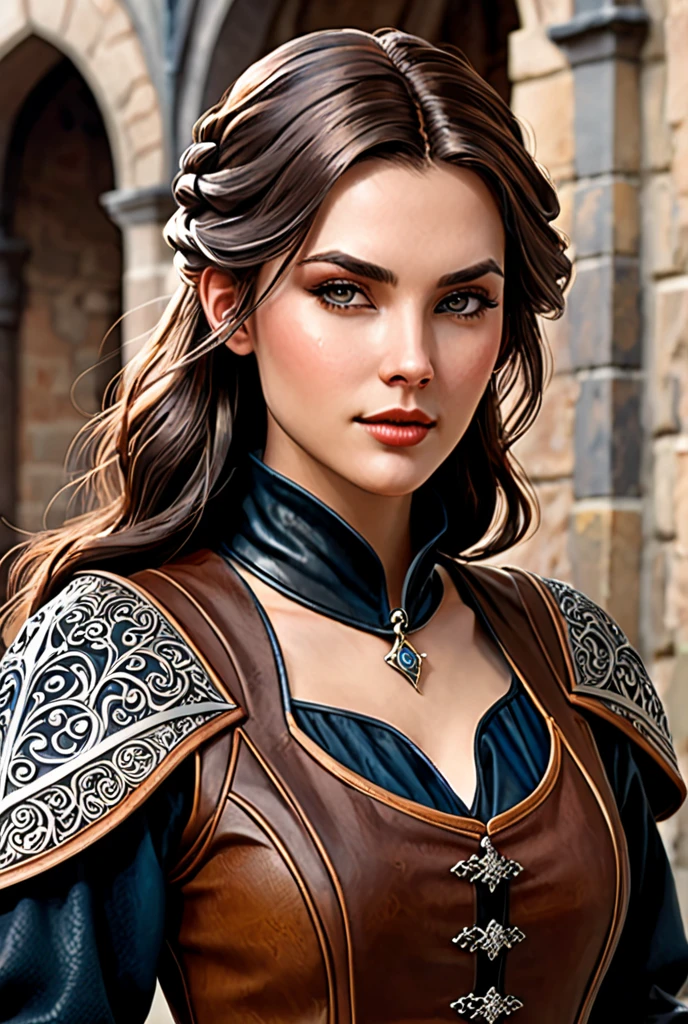 Here is a consolidated description of the appearance your character, based on the details you provided:

 Physical Description :

 Height: 1,83 m, which gives you an imposing posture.

 Hair: Wavy and cut to the ears, with the color brown and some locks in an almost black blue tone, adding a touch of personality and mystery.

eyes: Dark brown, expressive and deep.

First: Brown or tan tone, highlighting your origin or experience under the sun.

face:  angular, with well-defined contours, giving a strong and decisive aspect.

Mouth and Teeth : very fleshy mouth , complemented by sharp teeth with an air of vampirism, giving a dark charm.

 Striking detail : A barely noticeable scar on the neck, that extend from the right ear a few centimeters below, suggesting past stories and challenges.


Medieval Costume and Style:

Clothing: medieval-inspired clothing, with great emphasis on the use of leather.

Cores: Predominantly in black tones of and brown, which reinforces the idea of practicality and,  ao mesmo tempo , a touch of rustic elegance.

Additional Details: Design elements that may include details ornamented on the leather, reinforcing the identity of a character that combines tradition with a touch of rebellion or mysticism.


This composition creates a visually striking character, who combines physical grandeur with subtle elements of mystery and an enigmatic past. If you need adjustments or to include more details, as specific props, weapons or symbols that refer to your story, let me know so that we can further enrich the appearance!

