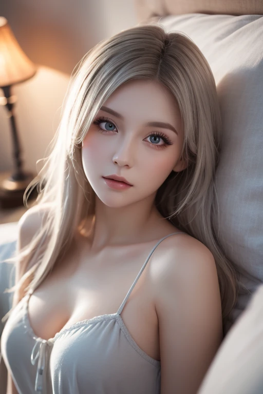 Hot sexy girl, grey  hair, yellow eyes,smilling, in the bed,medium body