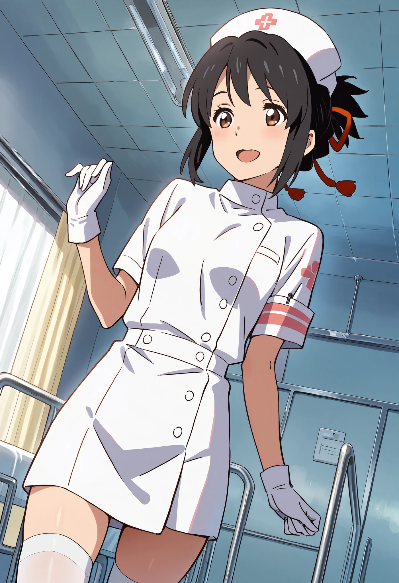 hazuki katou, short hair, brown hair, yellow eyes, hair ornament, solo, nurse, ((white nurse cap, white nurse's outfit)), ((white legwear, zettai ryouiki)), white gloves, smile, teeth, standing, hospital room, sharp outline, short sleeves, best quality, masterpiece