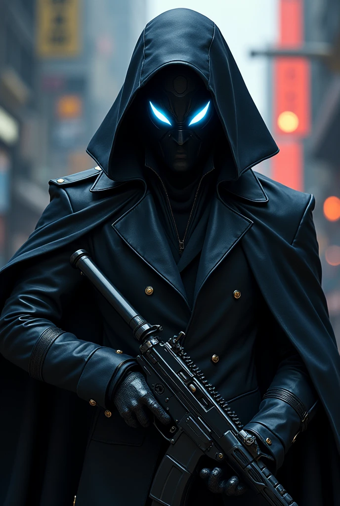 Create a man holding a gun with a black mask with blue eyes covering his whole face with the name LELECK FN detailed below Dragon Ball anime style and more detailed and shiny