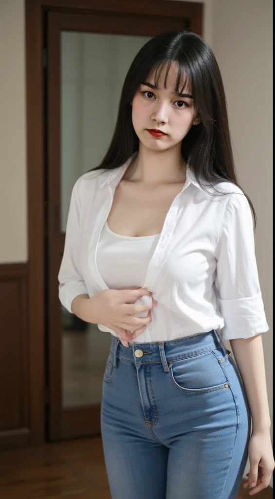 ,Masterpiece, Best quality,8K, 超高分辨率,Reallightandshadow,Cinema lenses,(beautidful eyes:1.1), ((中景 the scene is,The upper part of the body)) ,blacksilk,student school uniform,leather whip,Bedrooms,Raised sexy