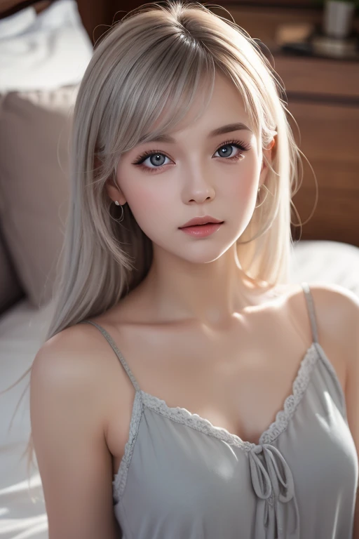 Close-up of a young Korean woman with long blue-gray hair, captured in a slightly slanted, sensual pose. She wears a delicate top that highlights her features, with an intense and enigmatic look directly at the camera. Her big blue eyes shine with an engaging expression., while your pink lips are slightly parted, adding a touch of mystery and attraction. Soft lighting highlights the curves of the face and body, creating a warm and captivating atmosphere, ideal for a feed post that combines ethereal beauty with subtle sensuality.