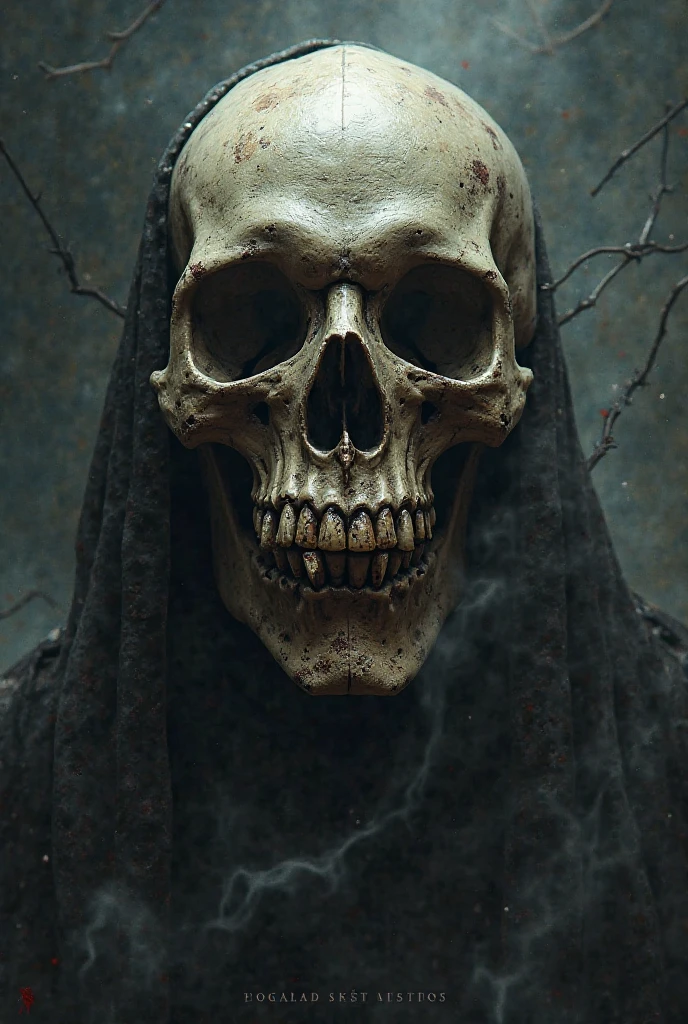 a skeletal figure, shrouded in a white cloak, eye-level shot. the cloak, a soft, translucent fabric, casts a soft glow on the skeleton's face, adding a touch of mystery to the image. the skeleton's skeletal structure is a stark contrast to the soft fabric, with its black bones standing out against the dark background. (masterpiece), (best quality), (ultra-detailed), very aesthetic, illustration, disheveled hair, perfect composition, moist skin, intricate details, cinematic still, emotional, harmonious, vignette, highly detailed, high budget, bokeh, cinemascope, moody, epic, gorgeous, film grain, grainy,ultrarealistic, soft lighting, 8k,screencap of a dark fantasy film released in 1986 , [Digital art, surrealism, dark and gritty],  Salvador Dali, Hieronymus Bosch, [Black background with subtle grain, soft lighting, focus on the figure, high contrast, muted colors, texture of the barbed wire and fabric] (80's dark fantasy in VHS, blurry tv captured:1.1)Hideaki Anno, ultrarealistic, soft lighting, 8k ,Michael Whelan, Frank Frazetta,Dark background, dramatic lighting, focus on the skull, realistic rendering of the skull and fabric, textured hood, high contrast, muted colors,screencap of a dark fantasy film released in 1986, 1970’s dark fantasy Dark Theme Art ,masterpiece 