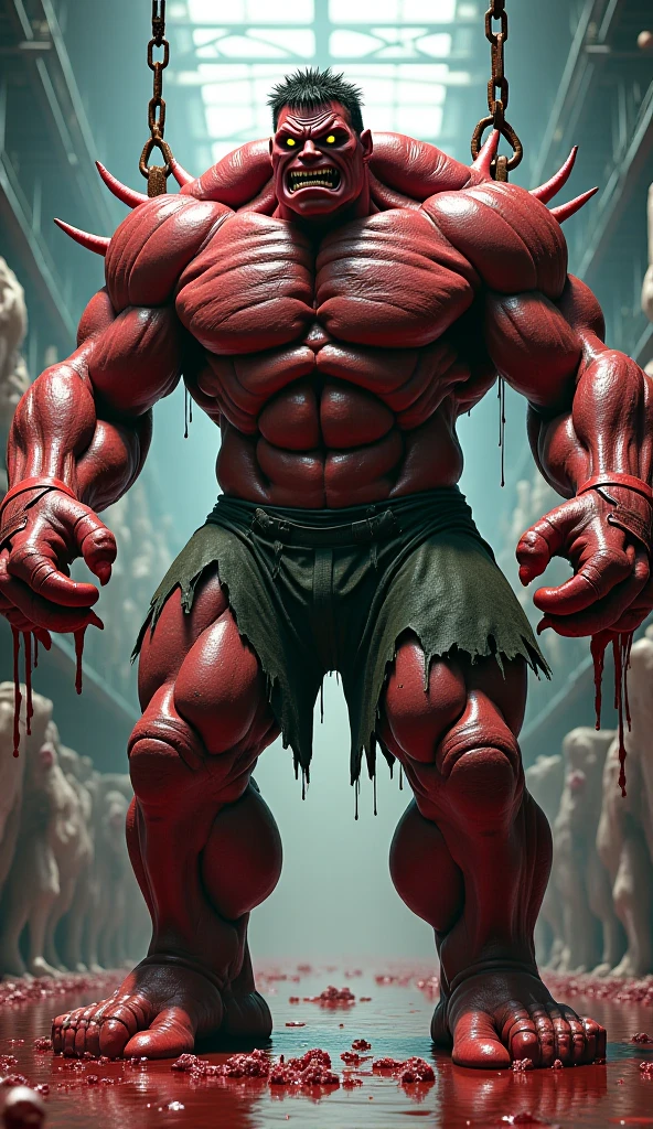 Character description: (1 girl), (cara delevingne:1.25), (beautiful girl face:1.25), (muscular succubus demoness), (carnage skinless physique:1.25), (huge gigantic wings & horns:1.25), (undead skinless succubus:1.25), (covered in red necrotic rotting skinless muscle:1.25), (exposed muscular anatomy:1.25), (large demonic claws:1.25). Character pose: Standing with legs closed, Arms spread apart, Wings spread out, (Whole body pose), Front View. Character expression: psychotic laughter, sharp teeth, beautiful cute girl face, red eyes, scary and horrific. Scene description: anatomic tech world morph, hellish landscape, Hellraiser like atmosphere. Scene Quality: (8k, RAW photo, photorealistic:1.25).