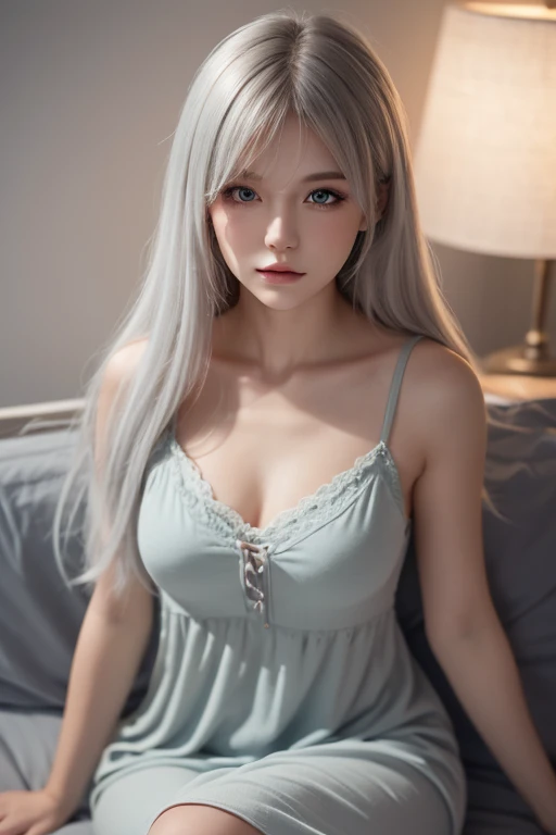 8K, highest quality, RAW photo, ultra high resolution cool beauty beautiful butt huge breastsの谷間 thin eyebrows on the bed huge breasts silver hair silver blonde gray hair Pink clothes that make your body line look beautiful Pink see-through off-shoulder knit sexy 2 limbs pink see-through underwear alone Focus on the lower back Sleeping with eyes closed, mouth open and legs apart With flushed cheeks beautiful nose Make the nose smaller baby face droopy eyes glamorous mouth
