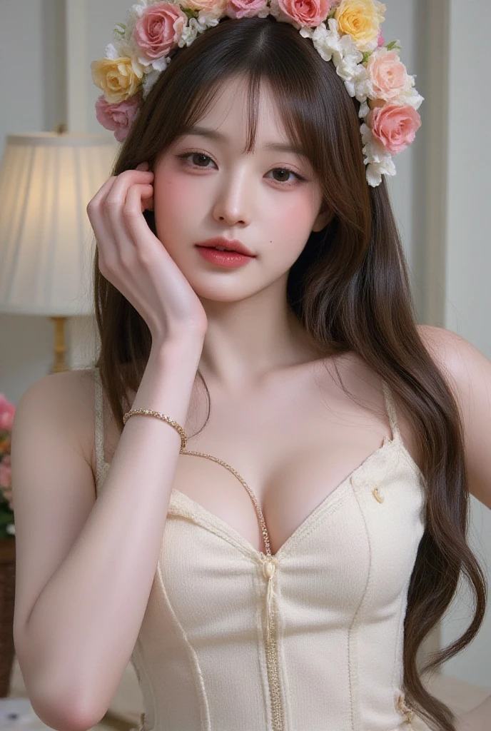 Beautiful woman,Have a perfect body:1.4,Prominent cleavage,Layered Hairstyle,Highly detailed face and skin texture,Double eyelids,Skin Whitening,Long hair,Whitening long legs,blonde,full-body shot