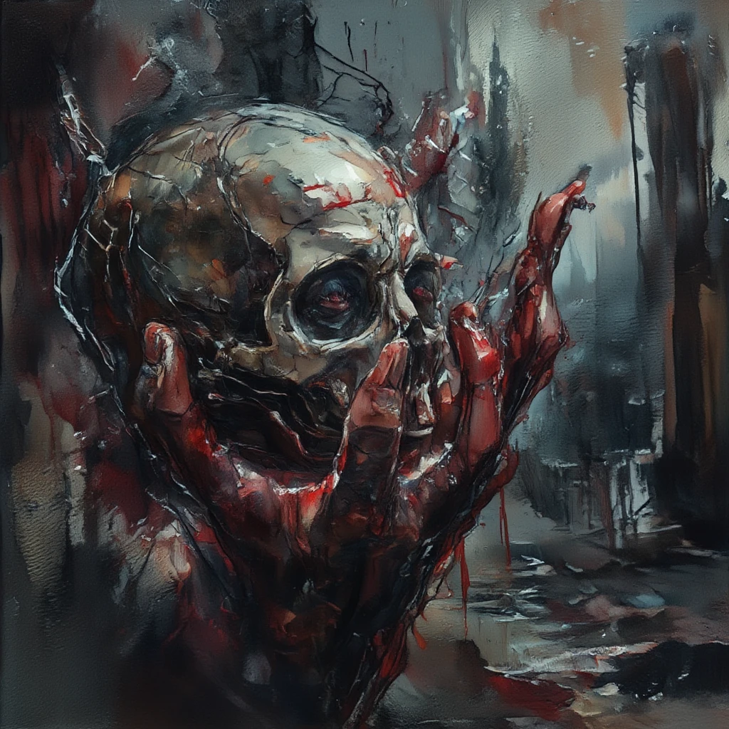 1girll,Blood,Pale skin,Hollow eyes,despair,distress,Disappointed,Cowboy shot,ghost,blood in face,blood from mouth,Beaten dumb,Messy hair,haggard,废墟,pool of blood, 
Melancholy tone,World of the Dead,An atmosphere of terror,Dream,The inner world,contortion,(Crazy smile:1.2),Evil,Grudge,mindbreak,The heart is close at hand,Blood movement,demon,Bloody tears,open hand,Claw pose,head looking up,Smoke,broken chain,Human chairs,puppet,Bad girl,A wine glass filled with blood,
