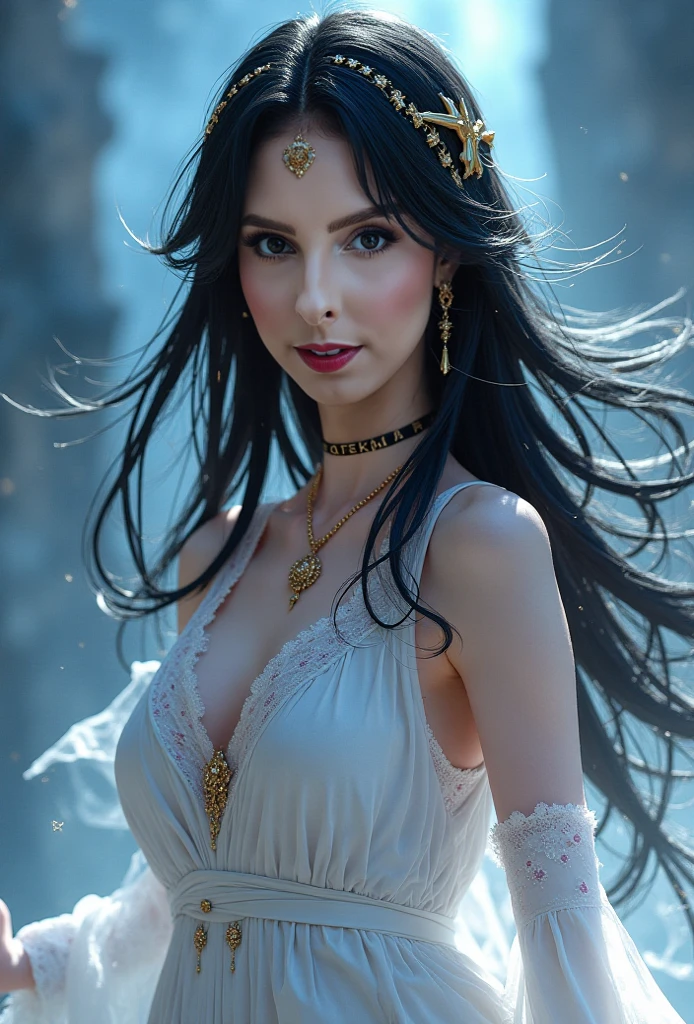 Albedo, yellow eyes, she is wrapped in the fog in an ancient and gloomy castle, dressed, cleavage, ,she is wearing a long and stunning white dress very sensual and elegant as of an evil queen. A perfect and definitive idol that captivates everyone、super detailed bright yellow eyes without defects, beautiful black lace dress, Sexy Demonic Woman, dark and mysterious place. Realistic Overlord Anime Setting, Dramatic and sinister nighttime ambient lighting giving an air, white horns in head