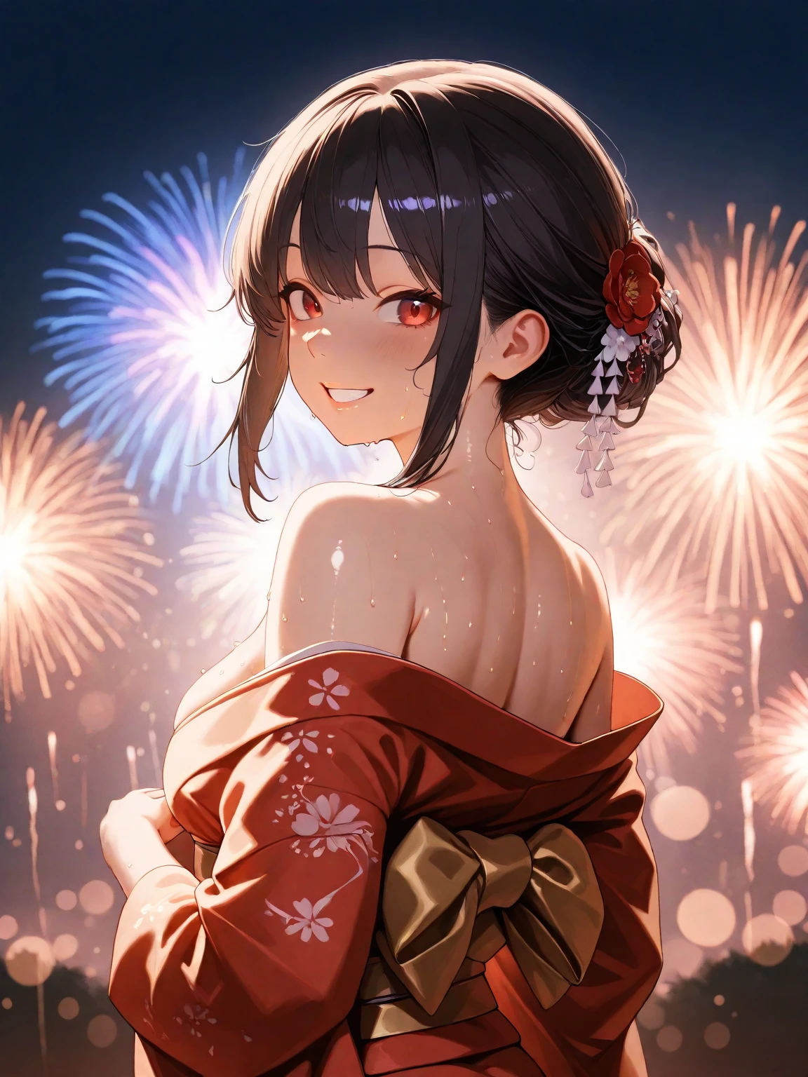 a beautiful woman wearing a red yukata, detailed hair tied up, yellow obi, night festival, fireworks bursting in the sky, blushing and smiling, fireworks reflected in sparkling eyes, (best quality,4k,8k,highres,masterpiece:1.2),ultra-detailed, (realistic,photorealistic,photo-realistic:1.37),studio lighting,extremely detailed face and eyes,longeyelashes,beautiful detailed lips,detailed face,beautiful skin,elegant pose,intricate details,vivid colors,dramatic lighting,glowing fireworks,sparkling night sky