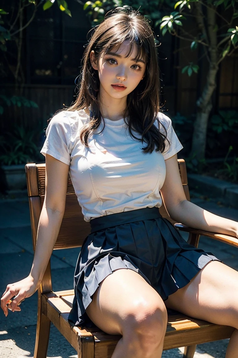masterpiece,  highest quality,  8K,  RAW photo, 17 years old,  pale white skin,  white skin, (long pleated check skirt),  In the classroom, close up,  ((Lower body)), barefoot,  beautiful long legs,  sitting in a chair, beautiful thighs,  White panties are visible,  angle from above, The room is dimly lit,  evening, magic hour