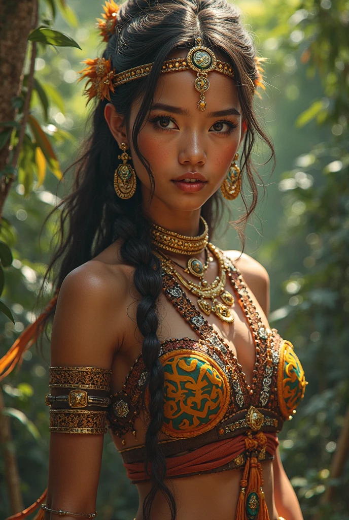 create a hyper realistic photo a beautiful indonesian woman as a hero in dynasty kingdom of majapahit, wearing small gold neklace like a queen, wearing red kemben ,long black hair with bun, doing floating meditation, energy bursts from around of her body, unreal engine 5, absurdres, volumetric mixed color line blue red white lighting around her body, eyes to camera, rainforest background