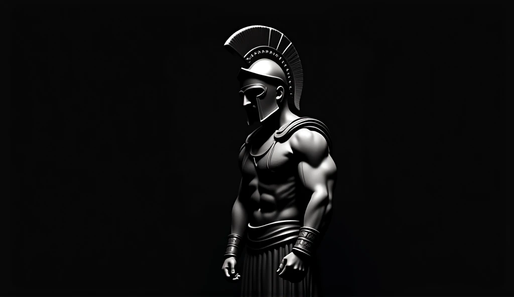 Black and white marble statue of a male warrior god, cinematic lighthing, profundidade de campo, Bokeh, Realismo, fotorrealista, hiper-Realismo, fotografia profissional, UHD, DSLR, HDR, Ambient occlusion, iris and pupil rendering, Advanced color sorting
