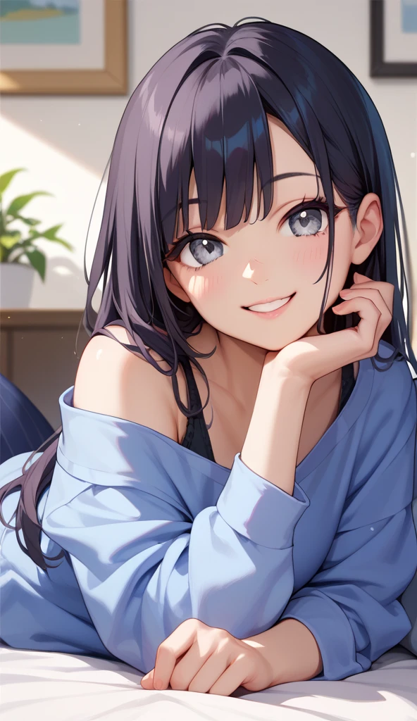 Woman, cute, adorable, smiling, straight hair, long hair, black hair, morning, sunny, looking at the camera, bedroom, sunlight, tank top pajamas, lying on bed,
on stomach,
on belly,
(put stomach on bed:1.3), (resting chin:1.3) on both hands:1.3