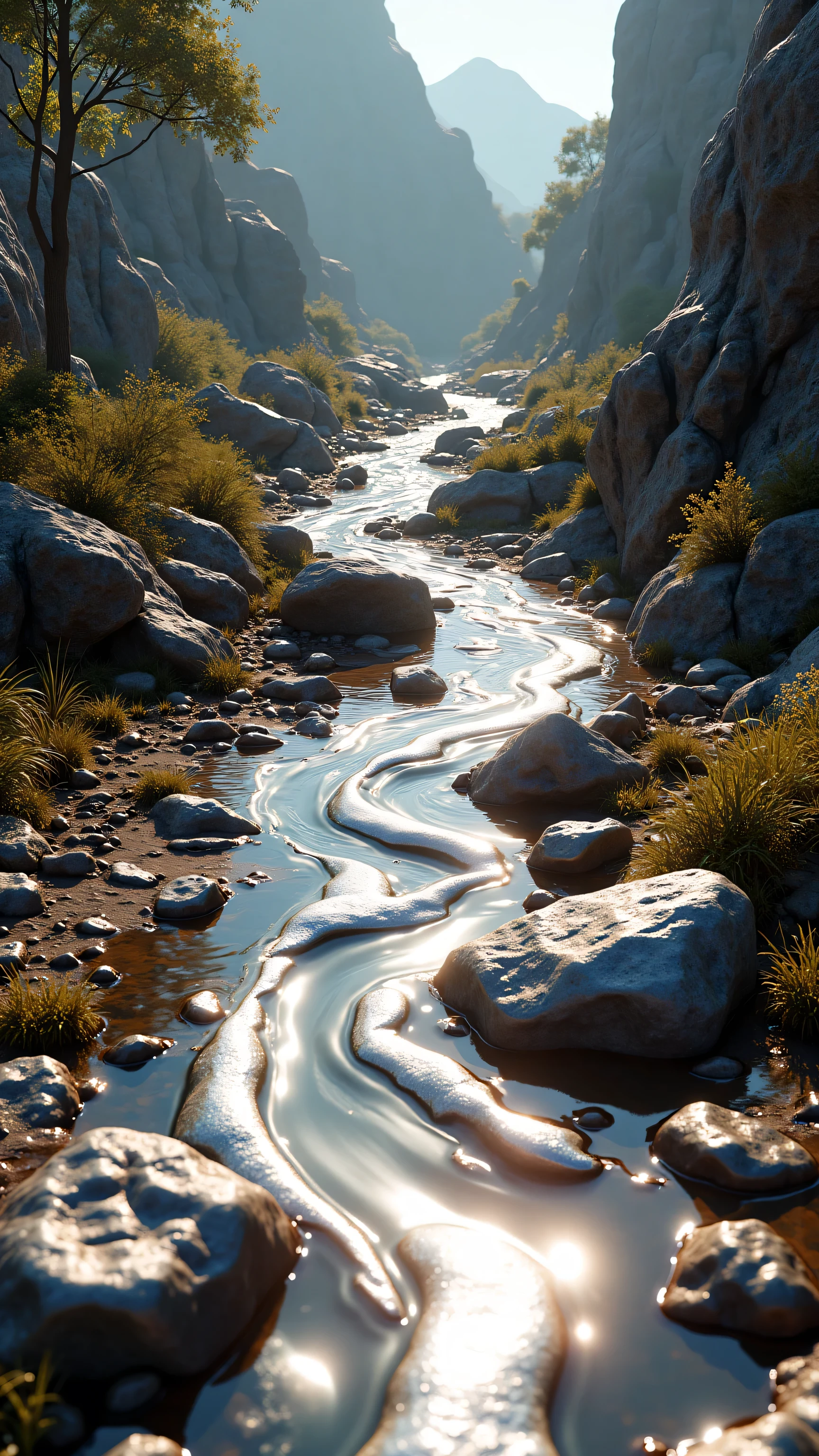 **Prompt:** Imagine a prehistoric Environmental scenery where the liquid stream aluminium metal flowing over the prehistoric Environment. Scrap aluminium metallic stones scattered over the scenery. Realistic texture depth scenery.
