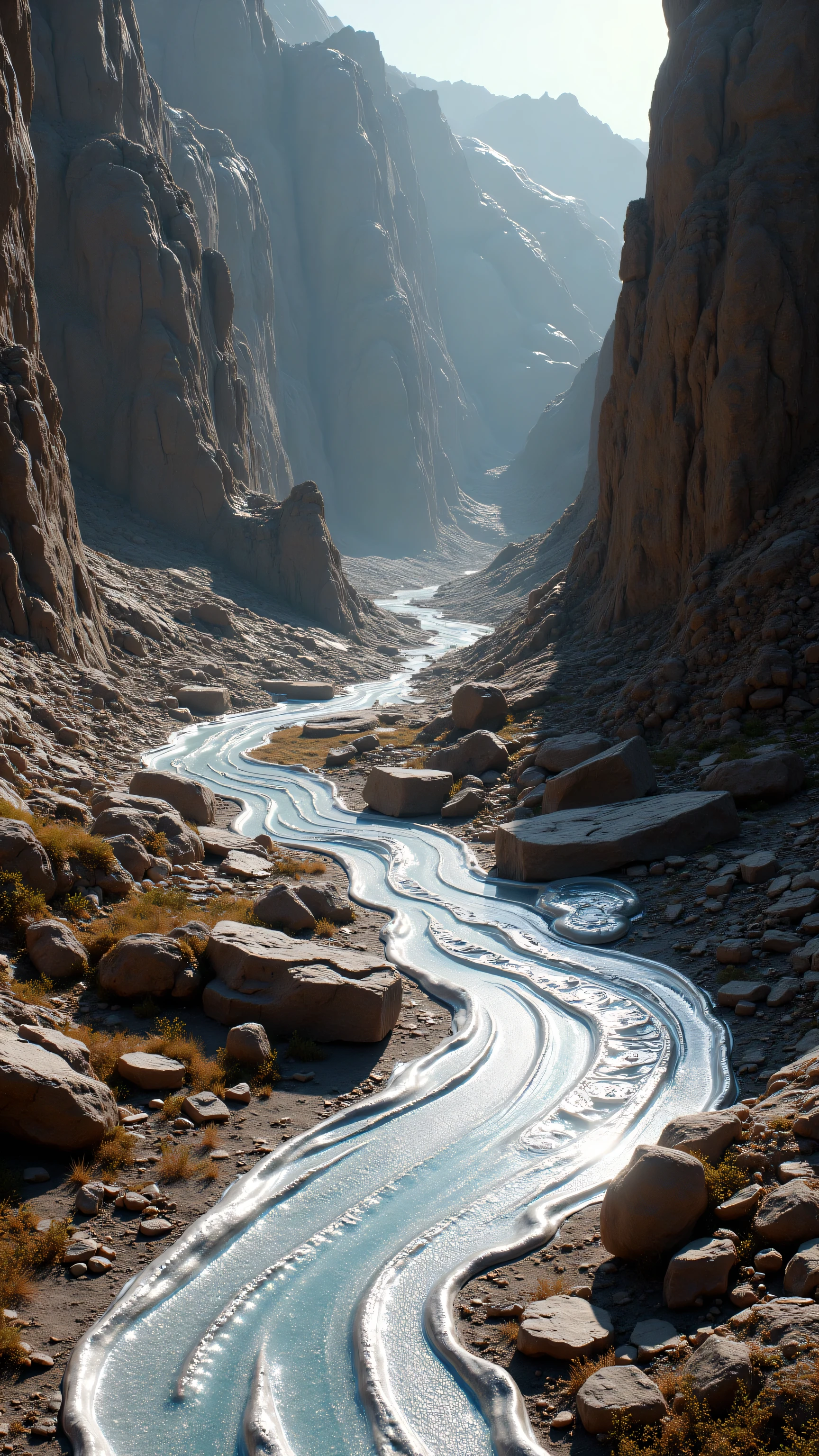 **Prompt:** Imagine a prehistoric Environmental scenery where the liquid stream aluminium metal flowing over the prehistoric Environment. Scrap aluminium scattered over the scenery. Realistic texture depth scenery.