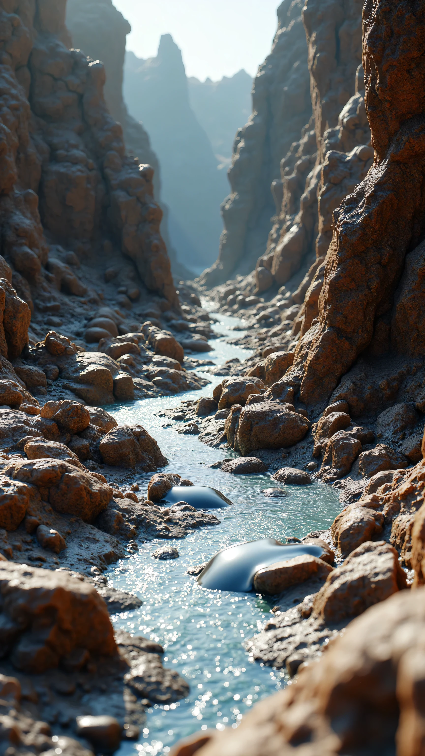 **Prompt:** Imagine a prehistoric Environmental scenery where the liquid stream aluminium metal flowing over the prehistoric Environment. Scrap aluminium scattered over the scenery. Realistic texture depth scenery.