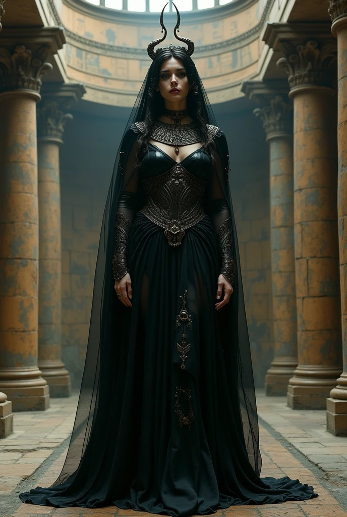 cult master female,dark curly hair, with a cape robe, walking in a dark ancient hall
