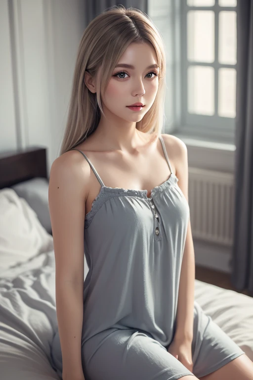 Young Scandinavian woman, Cute face, Fascinating, highest quality, masterpiece, See-through nightgown, Golden Hour, Detailed Texture, Long braided hair, Sitting on the bed, Pause, カジュアルなPause, Wooden cottage, interior, [blush], beautiful, Complex, Caustics, light, sunlight, (((Soft lips))), (((Glossy Lips))), Very detailed, (Semi-realistic:1.2), Niroudef, Shining blonde blonde, sexual excitement、Ecstasy、Open your mouth、