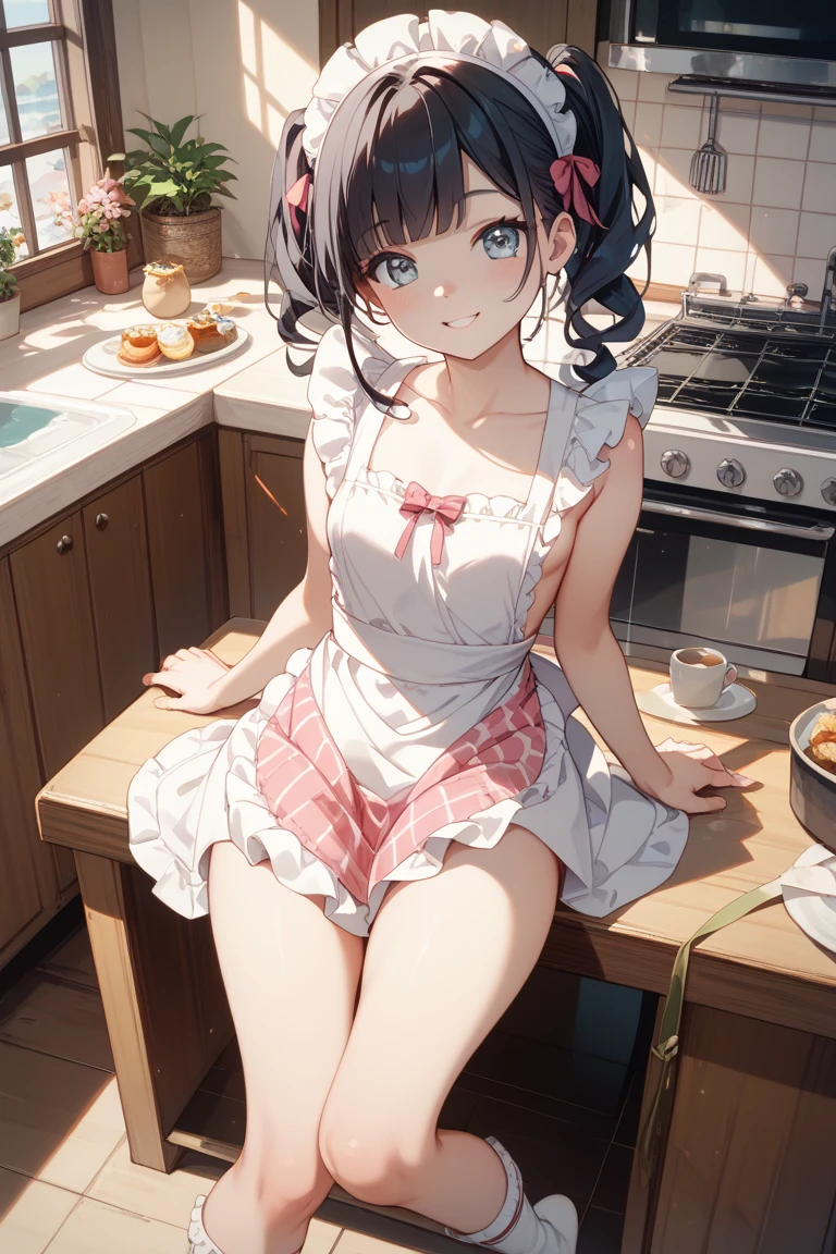 ((masterpiece))、((Highest quality)、(Very detailed)、8K、Delicate anime-style depictions.2 women。Prepare breakfast with your family,,(Very long hair、pink、Iris、）(Twin tails and ponytails)Her dark eyes are highlighted。Overall it became brighter、Two smiling people。((The outfit is grey,Frills,Lace camisole and shorts.))、,((Summer kitchen))、((wonderful.))、((whole body))、Two people cooking side by side、((Rear View))