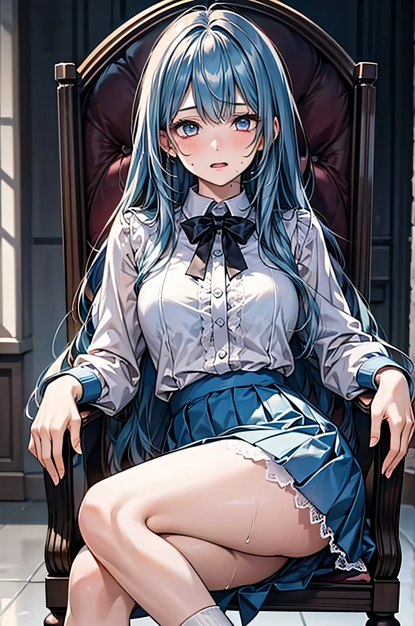 (((Highest quality、first class、masterpiece、Normal body、8k、Detailed face、Ultra-precision、normal hand、Normal refer to、5refer to、Highest)))、Eternal Frail、Silver Hair、Long Hair、???、clear、pure、A blue suit that reveals a cleavage、Navy blue shorts、"SD Gundam G Generation"、Shot down、Defeated、Captured、Taken prisoner、Handcuffed、Detained、Chained by a collar、lock restraint、Jail、prison、Frightened、fear、blush、Interrogation、torture、Restraint Chair、Hands and feet tied to a chair、Clothes were torn、The clothes are torn and underwear is exposed.、They injected a muscle relaxant, causing their mouth to open and their tongue to stick out.