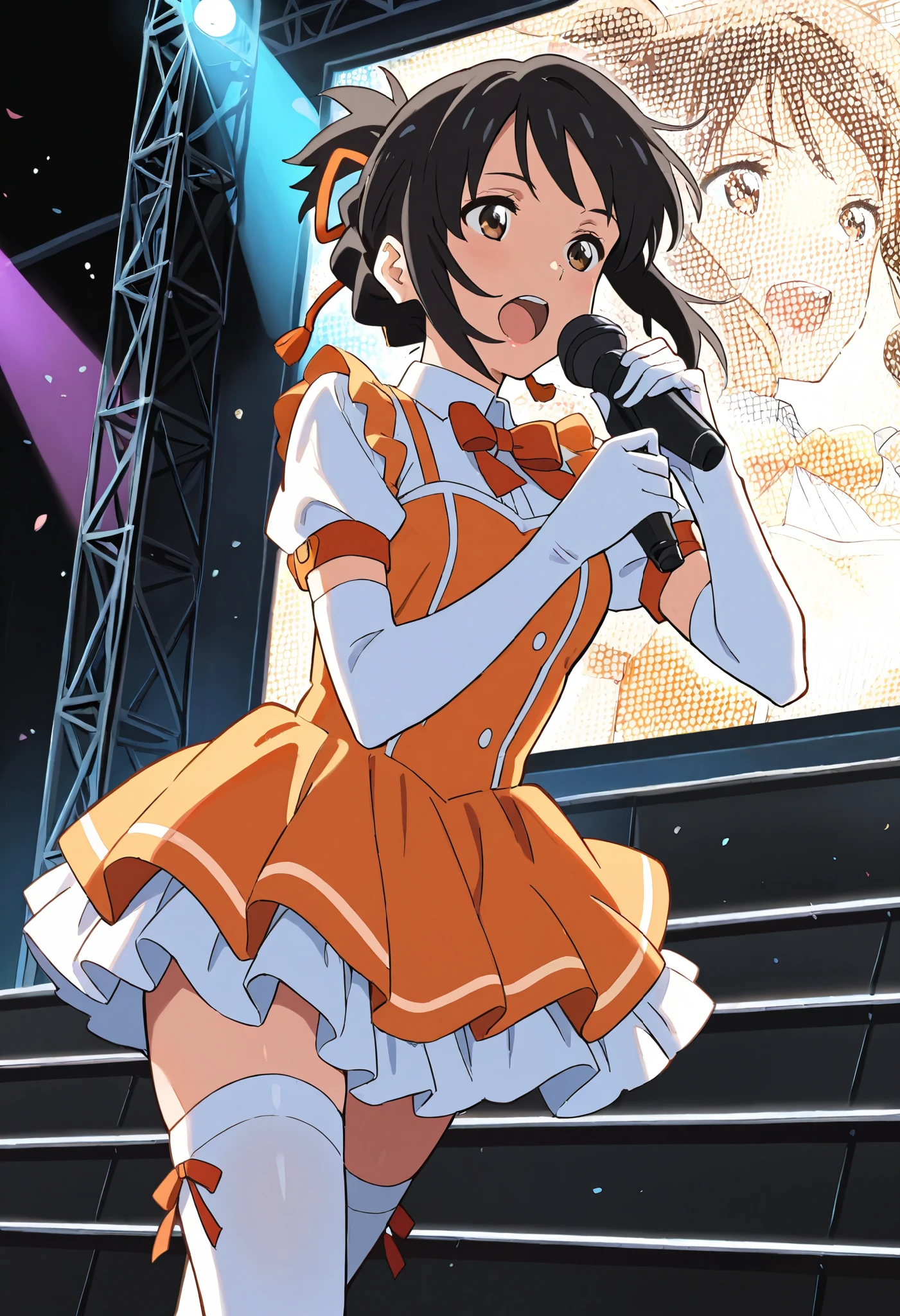 shinkai makoto, kimi no na wa., 1girl, bangs, black hair, blush, brown eyes, idol, collarbone, red headband, red ribbon, bow hair ornaments, pink bikini, pink skirt, short skirt, bare shoulders, black thighhighs, white gloves, pink arm strap, short hair, smile, cute, solo, singing, outdoors, open mouth, breasts, medium breasts, singing, concert, stage, dynamic pose, light_particles, lens_flare, reaching_out, sky, blue sky, cloud, balloon, :D, looking at viewer, holding microphone, standing