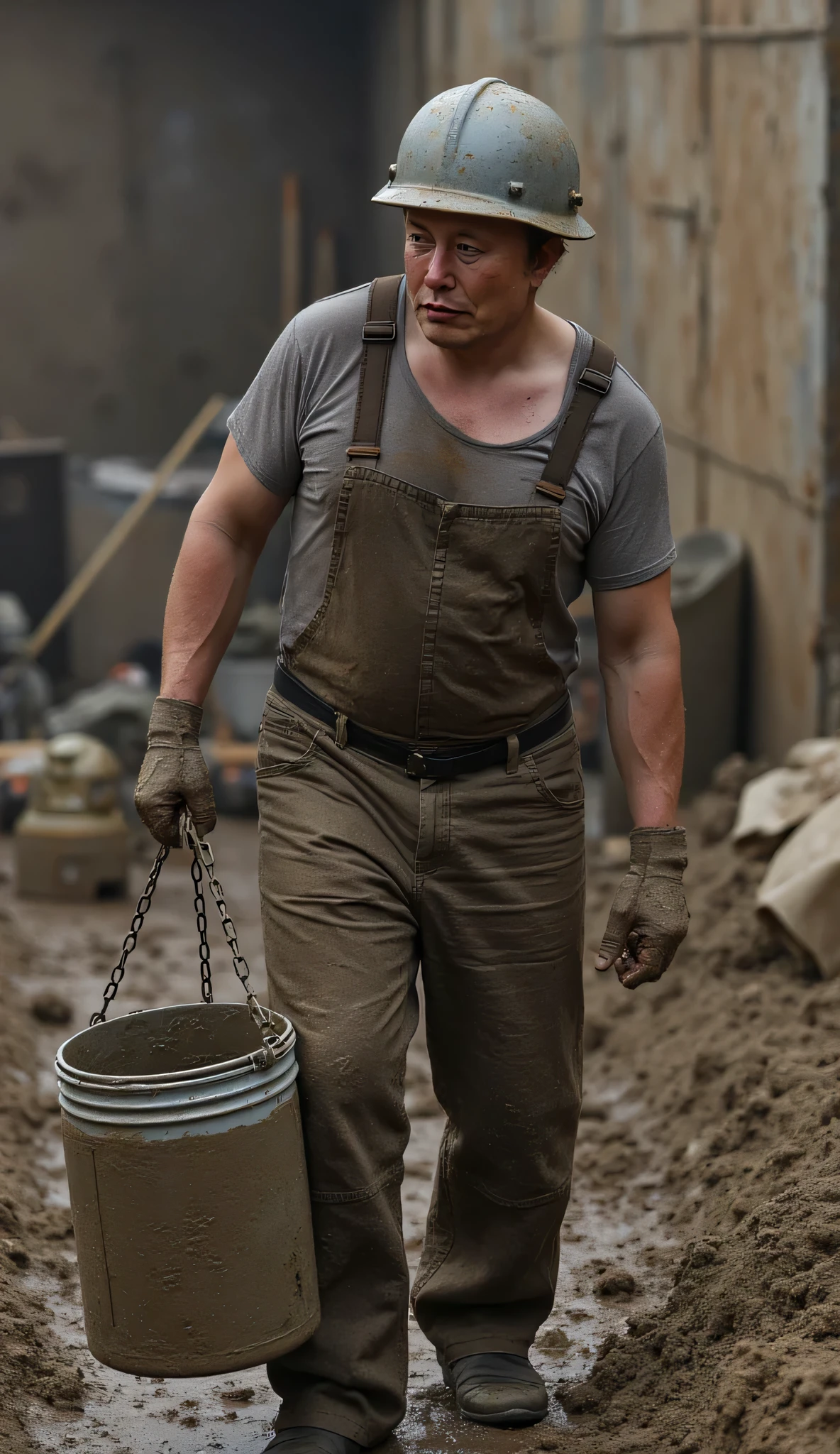Elon Musk wears a worn helmet,The muddy construction site was struggling to carry a large bucket of mortar and hand it to a worker,The expression is working hard