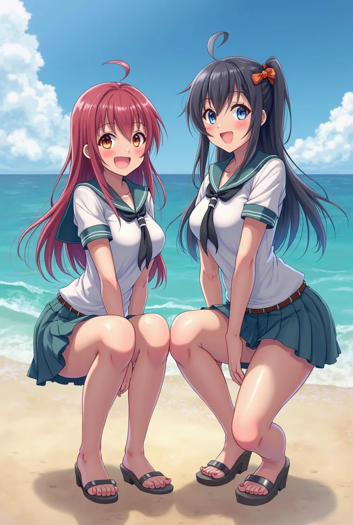 , slim legs, beautiful eyes, blue eyes, happy, pink hair, long hair, cleavage, short skirt, thigh high socks, school uniform, beach, navel