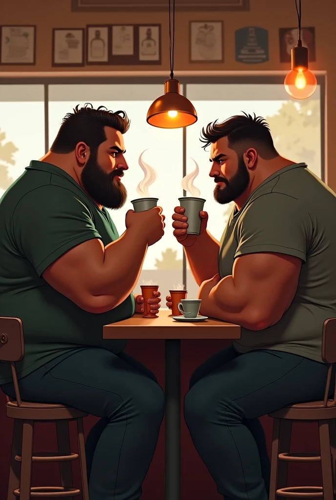 Only plump, chubby, extremely thick thighs, large belly, fat, age 55, two friends are at the bar drinking beer gesturing and talking sitting on the chair with beer bottles on their table , an environment with tables and other people sitting and talking , 4K, masterpiece.