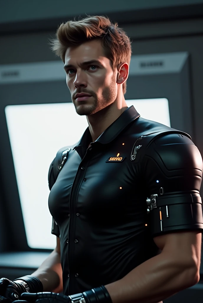 circuitboard, dark futuristic side view of a muscular hairy police man standing wearing a tank top (shirt:1.1), dramatic lighting, high detail, realistic, realistic, high detail <lora:StringerSDXL_v1-000013:0.8> <lora:Dark_Futuristic_Circuit_Boards:1.0>