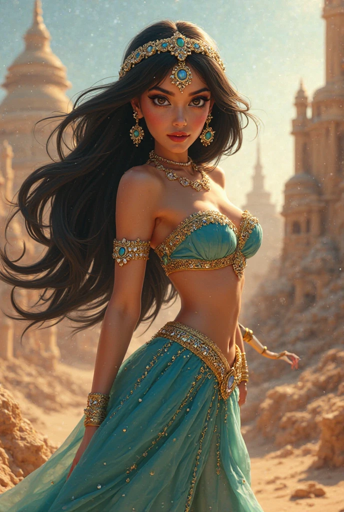 Stunning Princess Jasmine, photo in 8k, in action, cinematic.