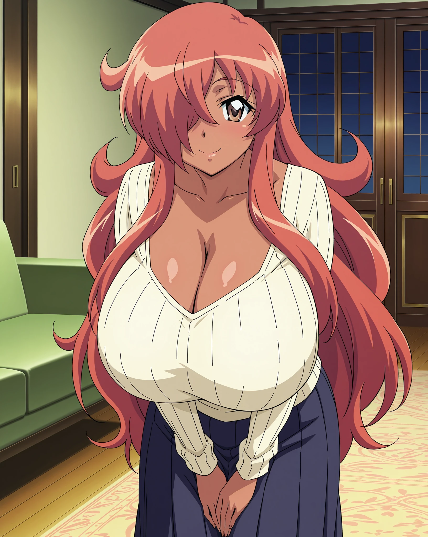 score_9, score_8_up, score_7_up, source_anime, anime coloring, anime screencap, fujii masahiro (artist), 1 girl, solo, Kirche Augusta Frederica von Anhalt Zerbst (zero no tsukaima), dark skin, red hair, long hair, hair over one eye, brown eyes, loving smile, rid lips, closed mouth, gigantic breasts, cleavage, standing, hands on lap, looking at viewer, slim body, long sleeves, scoop neck ribbed beige shirt, pleated dark blue skirt, long skirt, indoors, living room