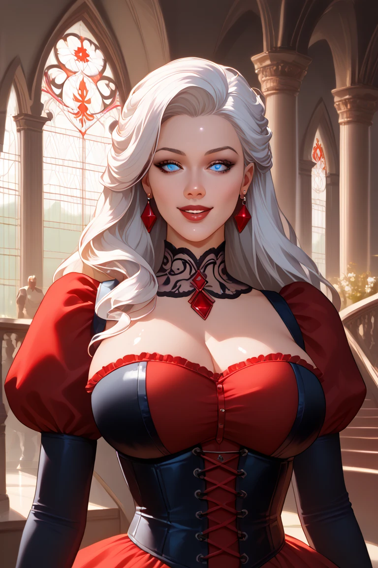 a glamour picture shot,  ((full body: 1.5) of an elite vampire model, walking on a (dark catwalk: 1.2), an extraordinary glamourous elite female vampire model, ((full body: 1.5)),  ((anatomically correct: 1.5), (ultra detailed face: 1.2), best detailed face, blond hair, long hair, lush hair, red eyes, delicate face, light make up, wearing intricate blue detailed dress, glamour dress, haute couture dress, elite fashion dress, white dress, decorated with diamonds,  small cleavage, wearing high heels, elegant high heels, she wears diamond necklace, elite fashion show background, vibrant, Hyperrealism style, vibrant, Ultra-high resolution, High Contrast, (masterpiece:1.5), highest quality, Best aesthetics), best details, best quality, highres, ultra wide angle, 16k, [ultra detailed], masterpiece, best quality, (extremely detailed) RAW, hud_s1n, short black dress, long sleeves, veil, thighhighs, rpg portrait, photograph, BloodSoakedAI, vampire teeth