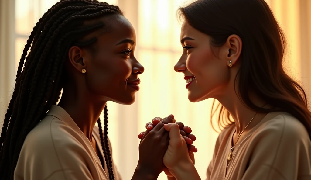 Create an image that shows two women in a moment of prayer, holding hands and leaning towards each other. The first woman is on the left, wearing a sleeveless dress in a soft orange color. The second woman is on the right, wearing colorful attire with vibrant patterns. Both women have their eyes closed, expressing serenity and devotion, With a simple black background, emphasizing the focus on the scene without distractions. Remove all text from the original image.
Additional Detail:
Lighting: Lighting suave que destaca as figuras das mulheres sem criar sombras fortes.
Positioning: Keep the women centered in the image, in a slightly tilted position towards each other, keeping their hands clasped in prayer.
enviroment: The background must be completely black, creating a clear contrast with the women's clothing.