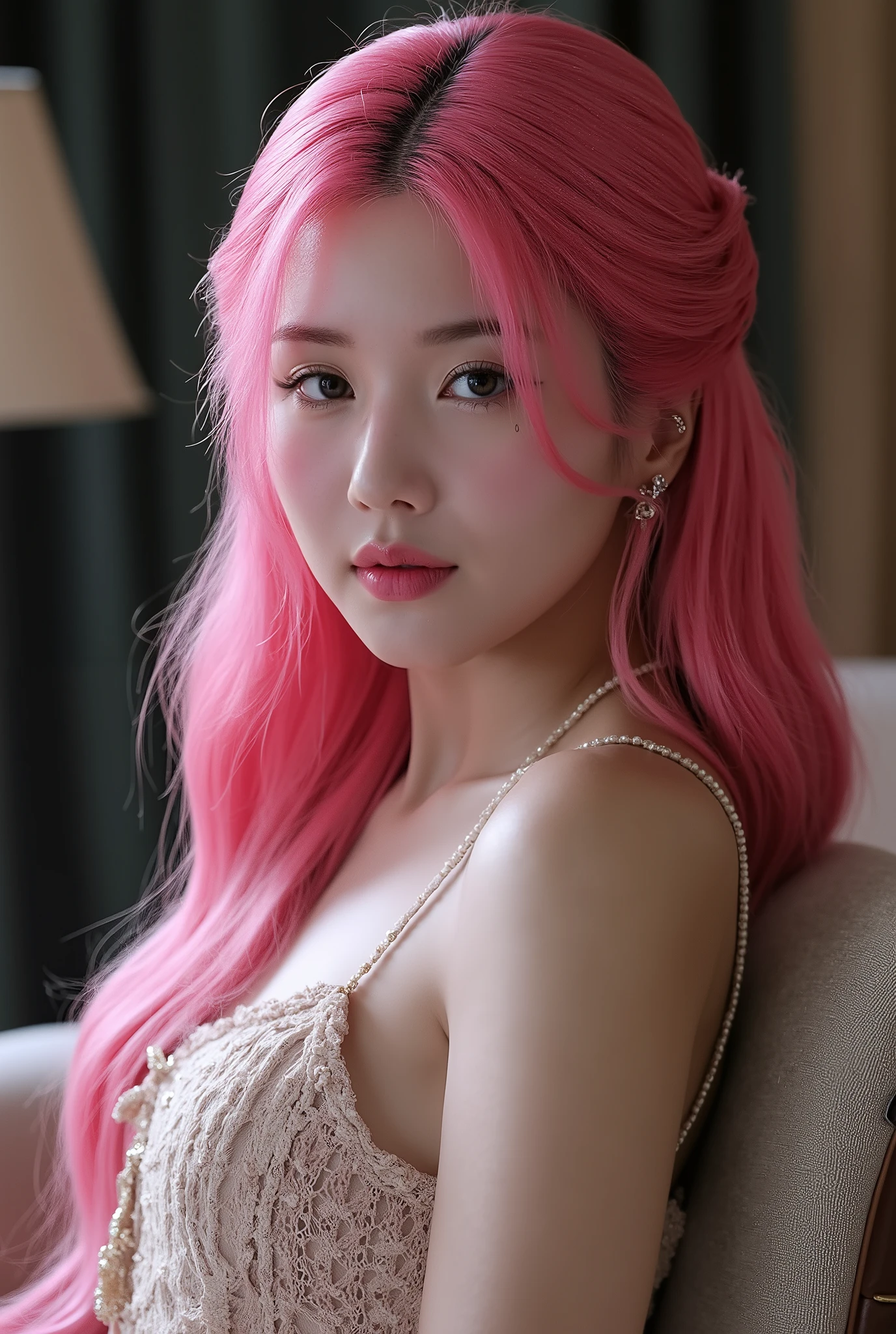 a beautiful girl with vibrant pink hair, detailed facial features, wearing a casual dress, looking directly at the viewer, blushing, biting her lip seductively, (best quality, 4k, 8k, highres, masterpiece:1.2), ultra-detailed, (realistic, photorealistic, photo-realistic:1.37), (very detailed CG unified 8k wallpaper), (best illustration), (best shade), intricate details, cinematic lighting, vivid colors, detailed hotel room background