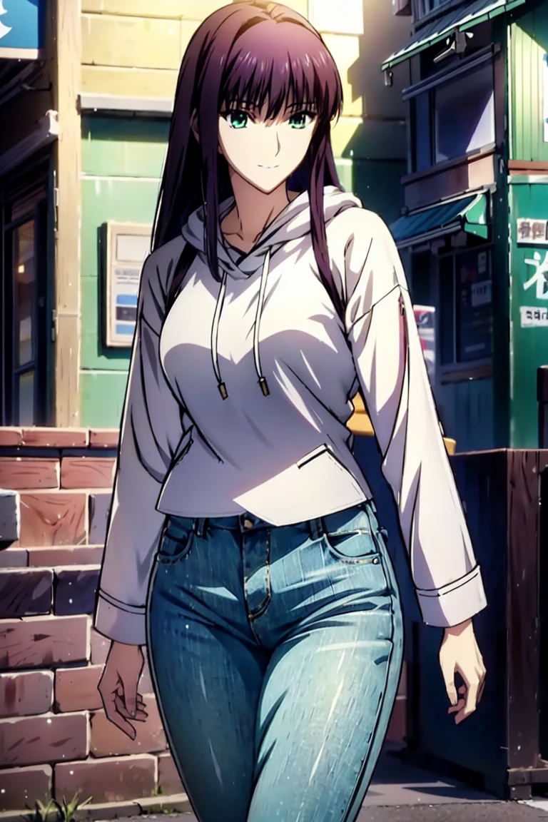 solo, 1girl, looking at viewer, sketch, flat colors, 2D, anime, anime coloring , asuka tanaka, large breast, mature woman, shirt, denim, short denim, pantyhose, thicc thighs, curvy 