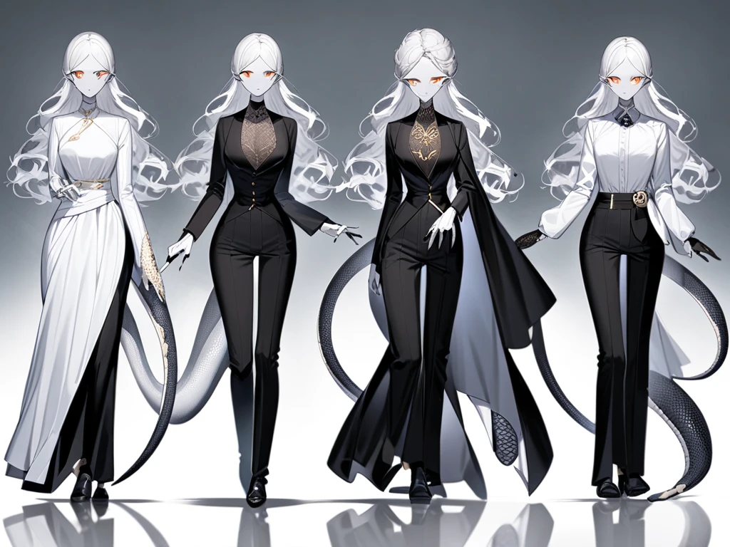 (((sketchbook))), girl with an powerful and elegant look, with a dress (((like a beast tamer))), ((misterious)), ((standing full body)), (((front and back))), (((wavy short white hair))), clothes in black and silver, with details on the clothes that resemble (((black fur)))