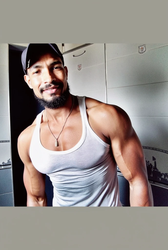 (masterpiece, intricately detailed, highest resolution, best quality:1.2),a cocky Moroccan male model,a 80 y.o muscle dad with a muscular physique sitting on a chair with black eyes,dark-skinned male,gold bracelets, necklace, armbands, jewelry, flaccid penis,saggy balls,hairy chest,vascular,muscle striations,soft light,fantastic realism,