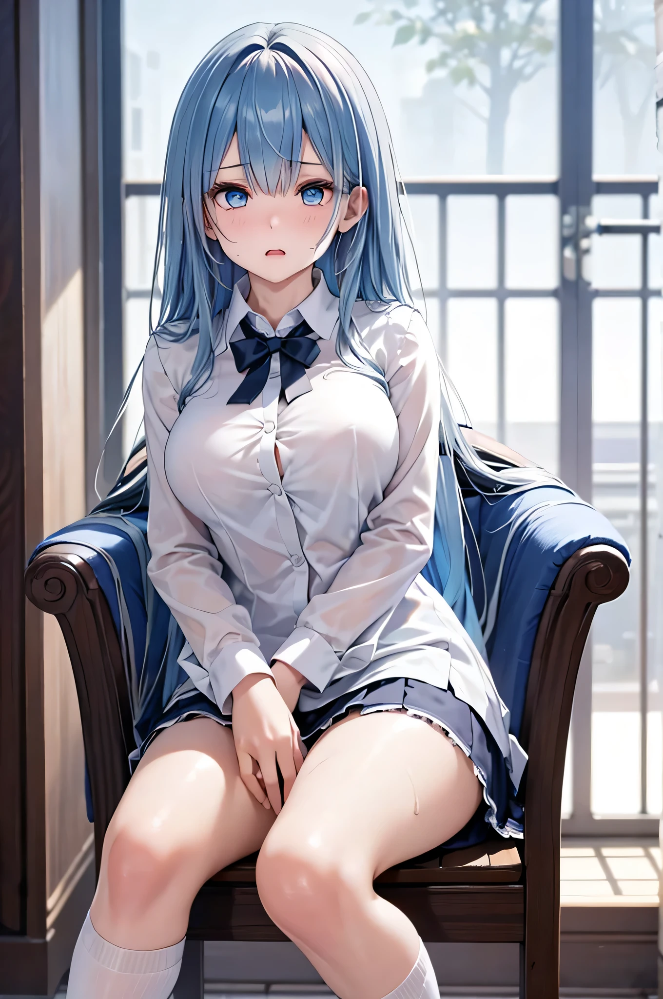Character Details:, - Gender: 1 Girl. - Style: Anime, - Body Type: Attractive body, slim body, nice legs, slim tights, nice arms, nice shoulders. - Breast: ((Small Breast:1,5)), Cleavage, Nipple. - Facial Features: Beautiful, Gorgeous, Teenager, Fresh, Young. - Expression: Open Smile, Horny, Pink Blush on Face, Sexy Eyes, Sexy Look, Sweating, Innocent Look, Tipsy. - Hairstyle: Blunt Bangs, Long Hair. - Hair Color: Light Blue Hair. - Clothing: ((Office Shirt:1.4)), ((Office Skirt:1.4)), (Web Stocking). - Body Pose: (Sitting). - Behaviour: Waiting, Want Something, Secretly. - Accessories: Earrings., Environmental Details:, - Setting: Office Room., - Lighting: Natural Light., - Decoration: Modern Office Desk, Chair, Window, White Curtain, City View. Top view. pov, anime style, UHD, retina, masterpiece, accurate, anatomically correct, textured.