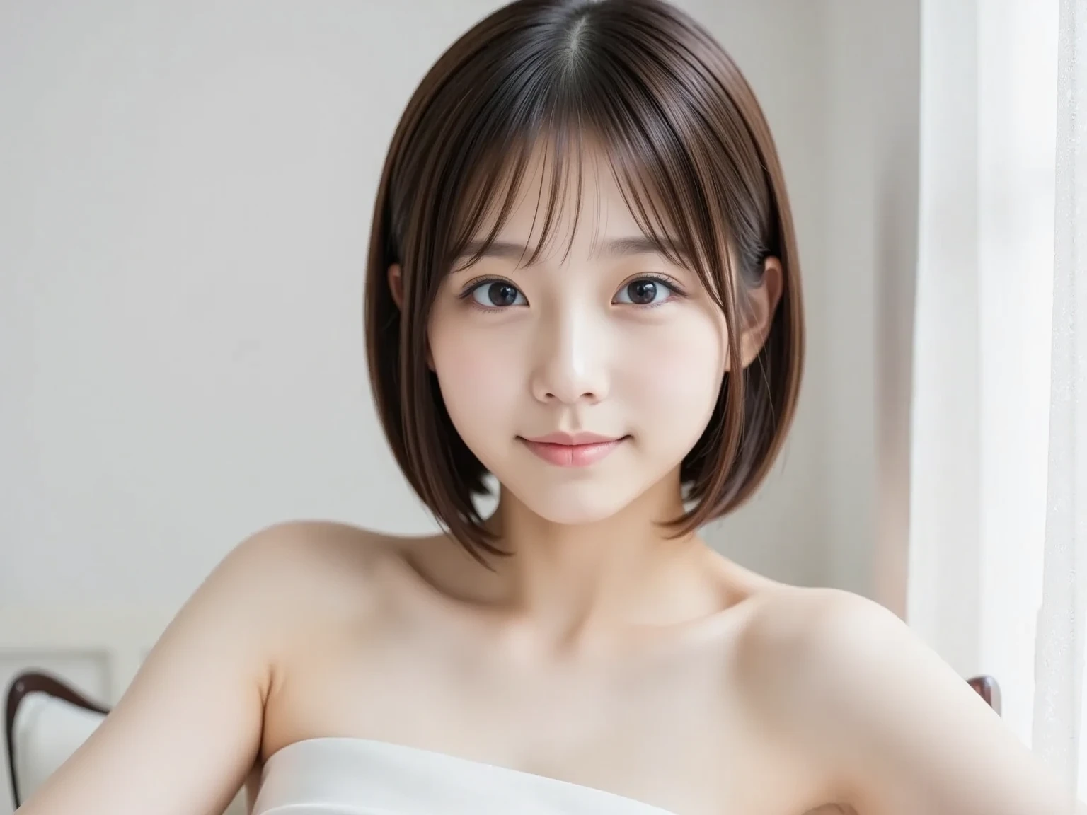 highest quality, realistic, 8K, High resolution, 1 girl, woman,, (portrait:0.6), nice, ((white background, naked, small breasts:1.65)), (short black hair, parted bangs:1.4), looking at the viewer, (1 girl eyes looking at the viewer:1.6), realistic, (Bokeh), (closed mouth, smile:1.3), nice, Pueros face_V1:1,