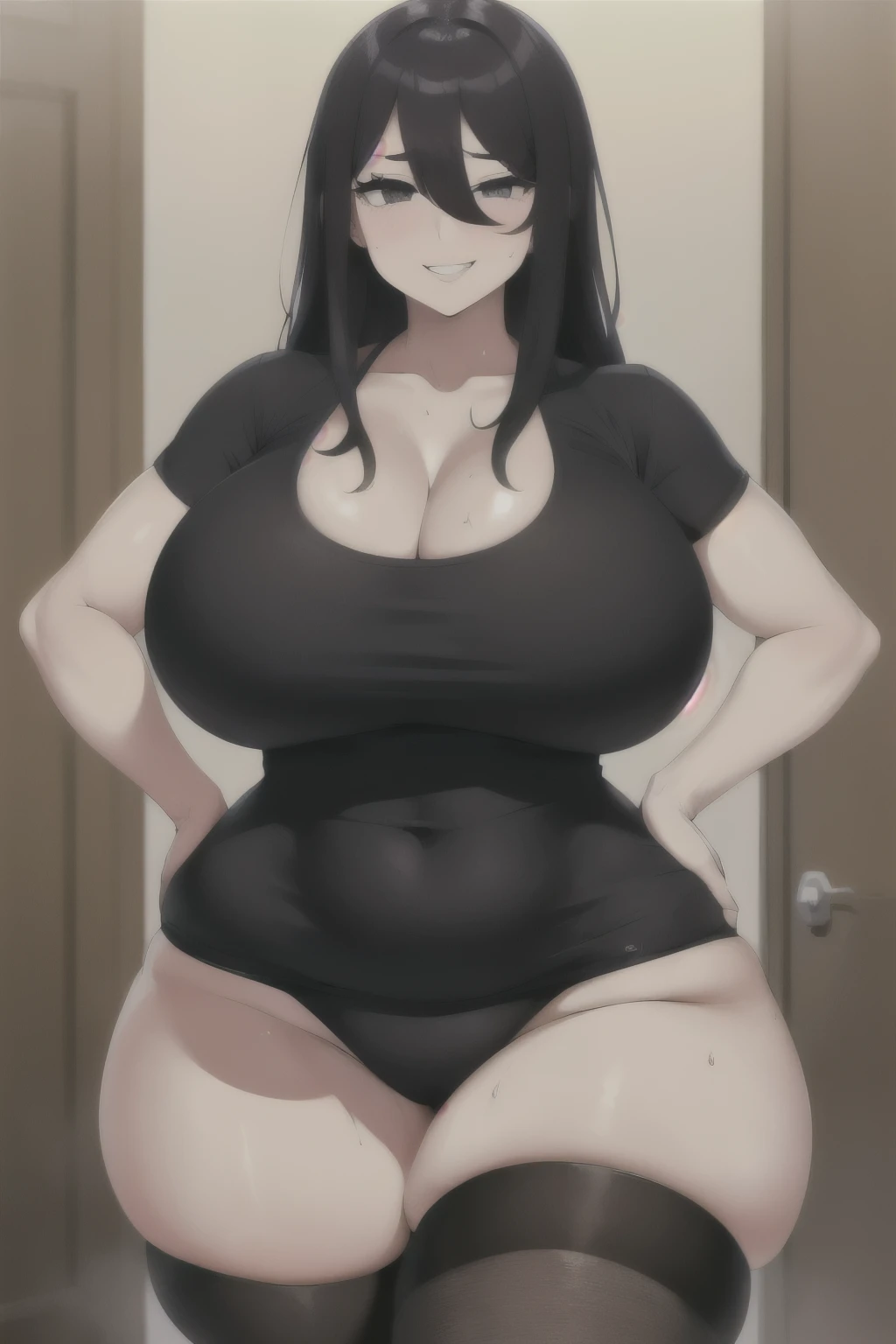 sexy woman, mature, milf, huge breasts, large breasts, curvy, voluptuous, black hair (straight bangs), red eyes, long hair, tank top, thong, earrings, grinning, standing, from back, house, indoors