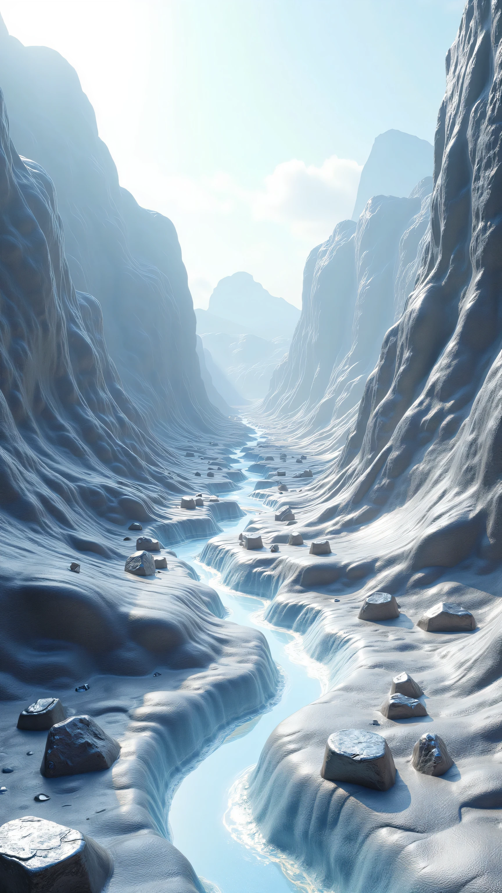 **Prompt:** Imagine a prehistoric Environmental aluminium world scenery where the liquid stream aluminium metal flowing over the prehistoric Environment. Scrap aluminium metallic stones scattered over the aluminium world scenery. Realistic texture depth scenery.